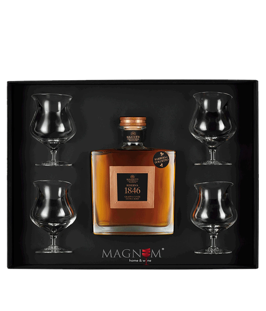 Mazzetti "Riserva 1846" Grappa Barbera e Dolcetto Invecchiata | Geschenkbox inkl. 4 Grappa-Gläser